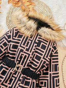 SHEIN 女大童滿版印花毛茸邊連帽加絨內裏腰帶外套 - 黑色 - 查看 7