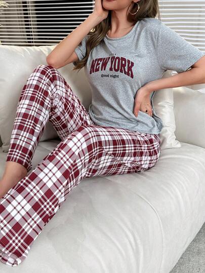 Letter Graphic Tee Plaid Print Pants PJ Set Pajama view 3