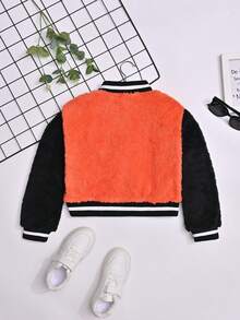 SHEIN Tween Girl 1pc Letter Patched Striped Trim Fleece Varsity Jacket - Orange - View 2
