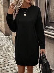 SHEIN LUNE 素色落肩接縫運動衫連身裙 - 黑色 - 查看 3