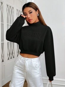 SHEIN EZwear Áo nỉ chui đầu cổ khoét vai in chữ nổi, áo dài tay cho mùa thu/đông - màu đen - Xem 5