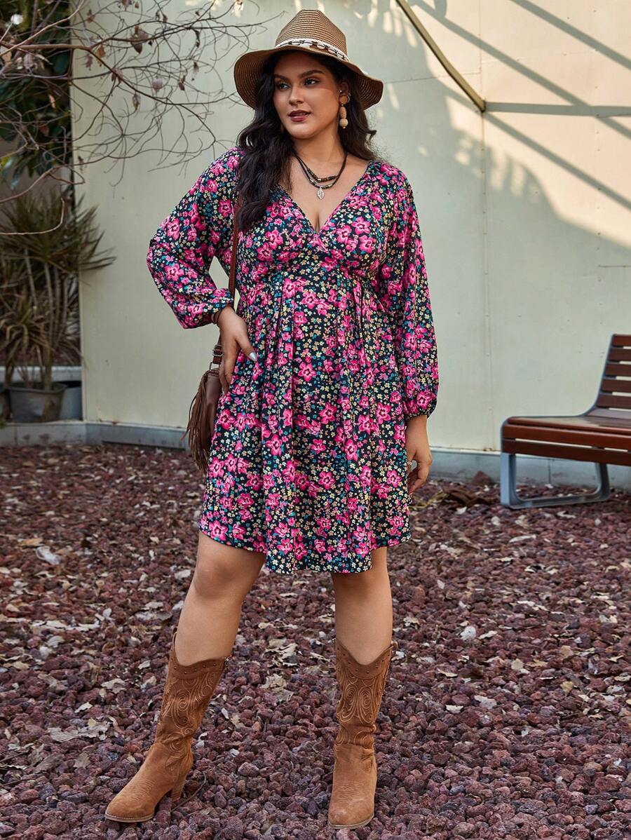 SHEIN VCAY Hơn In hoa Buộc lại Đầm - Nhiều màu - Xem 1