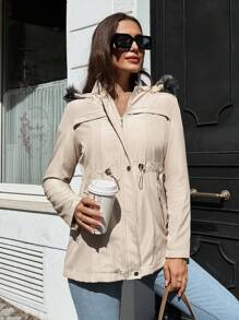 RueChic Drawstring Waist Fuzzy Trim Hooded Parka Coat - Khaki - View 4