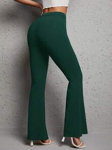 SHEIN PETITE High Waist Flare Leg Pants - Dark Green - View 2
