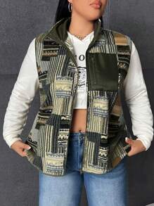 SHEIN EZwear 大碼色塊拼接圖案拉鏈開襟夾克背心 - 彩色 - 查看 1