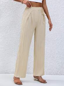 SHEIN Privé Pantalones rectos unicolor con nudo delantero - Caqui - Ver 5
