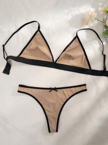 Contrast Binding Bra & Panty Lingerie Set - Camel - View 1