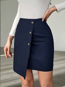 RueChic Button Front Asymmetrical Hem Skirt - Navy Blue - View 3