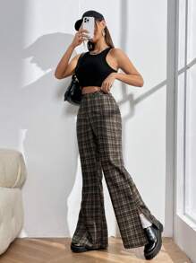 SHEIN Unity Plaid Split Hem Flare Leg Pants - Army Green - View 4