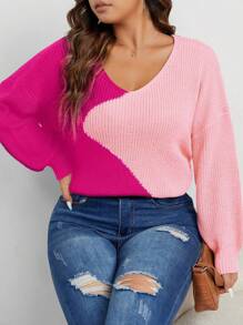SHEIN Unity Plus Size Women Colorblock V-Neck Knit Casual Sweater, Autumn/Winter Knit Pullover Fall Sweater - Hot Pink - View 1