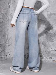 SHEIN PETITE 高腰破洞闊腿牛仔褲 - 淺色水洗藍 - 查看 2