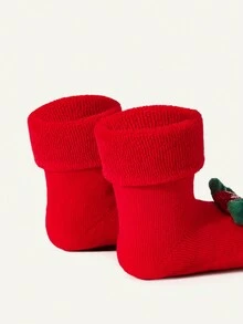 SHEIN 聖誕節毛絨飾品大紅色3對襪子套裝 - 紅色 - 查看 4