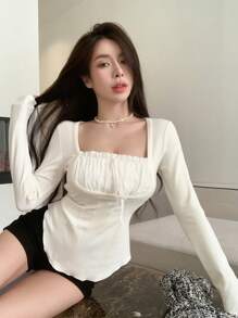 DAZY 纯色褶皱胸前打结弧形下摆T恤，娃娃衫长袖女式上衣，秋季女装可爱上衣 - 白色 - 查看 7