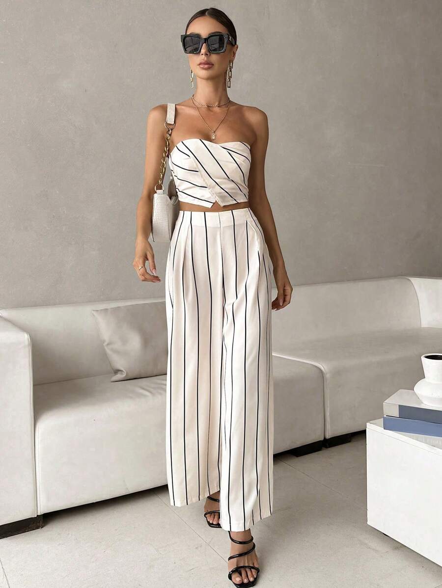 SHEIN Privé Striped Print Tube Top & Wide Leg Pants
