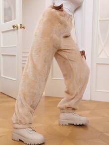 SHEIN Essnce Solid Fluffy Pants - Khaki - View 4