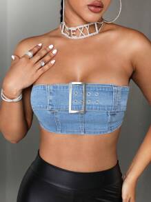 SHEIN SXY 帶扣細節抹胸牛仔上衣 - 淺色水洗藍 - 查看 5