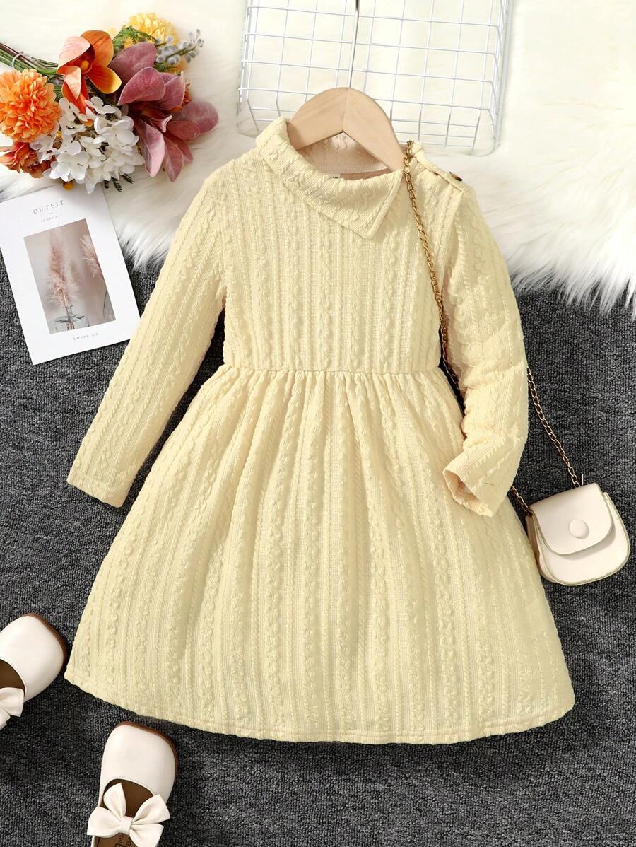 SHEIN 女小童素色折疊翻領洋裝 - 米色 - 查看 1