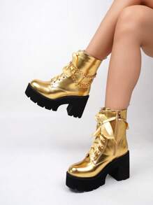 女士黑色休闲度假简约坡跟厚底踝靴，秋冬款 - 金色 - 查看 5