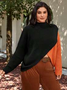 SHEIN VCAY Plus Two Tone Drop Shoulder Wrap Cross Sweater - Multicolor - View 5