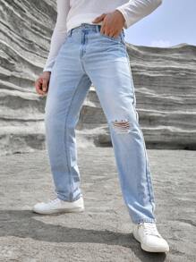 Manfinity LEGND Loose Men's Ripped Straight Leg Jeans - Light Wash - View 1