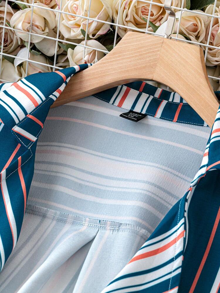 Plus Striped Print Waterfall Collar Open Front Coat