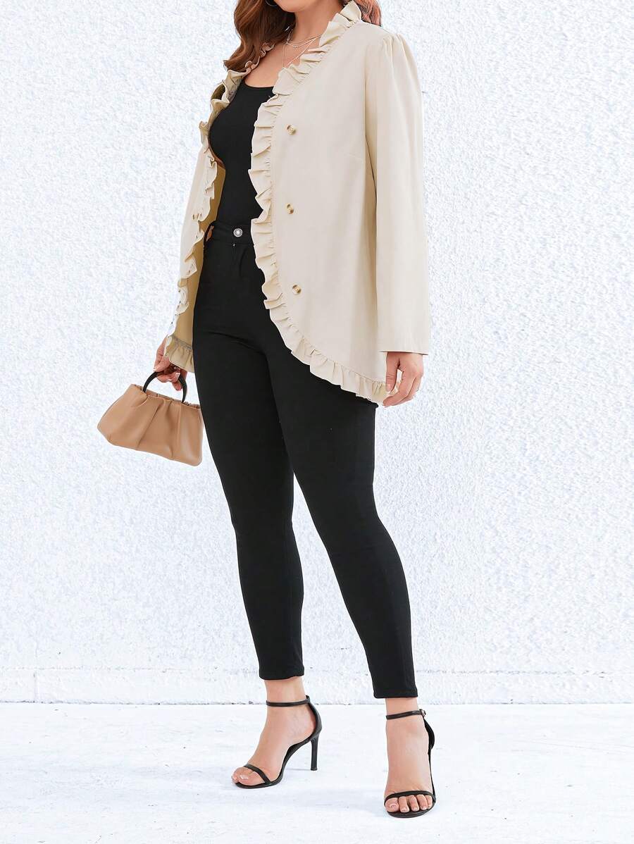 SHEIN LUNE 大碼褶邊前紐扣外套 - 杏色 - 查看 1