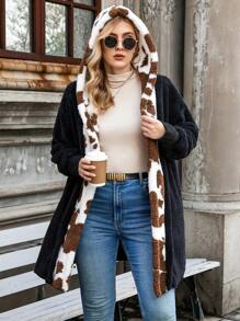 Calvaya Plus Contrast Panel Hooded Flannel Coat - Black - View 1