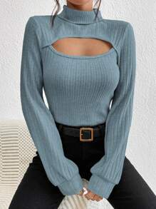 SHEIN Frenchy Cut Out Front Turtleneck Tee Winter - Dusty Blue - View 3
