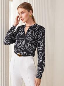 BizChic In hoa Chuỗi Cổ lỗ khóa Áo sơ mi - màu đen - Xem 4