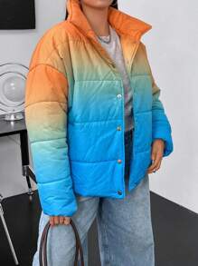 Flirla Plus Ombre Drop Shoulder Snap Button Padded Padded Coat Clothes Winter - Multicolor - View 5