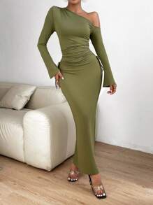 Allurite Asymmetrical Neck Drawstring Side Ruched Split Sleeve Bodycon Dress