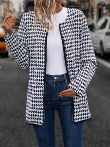 EMERY ROSE Houndstooth Print Open Front Contrast Binding Open Front Coat Fall Cloth For Women