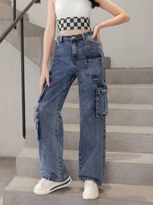 Teen Girl Flap Pocket Cargo Jeans - Dark Wash - View 4