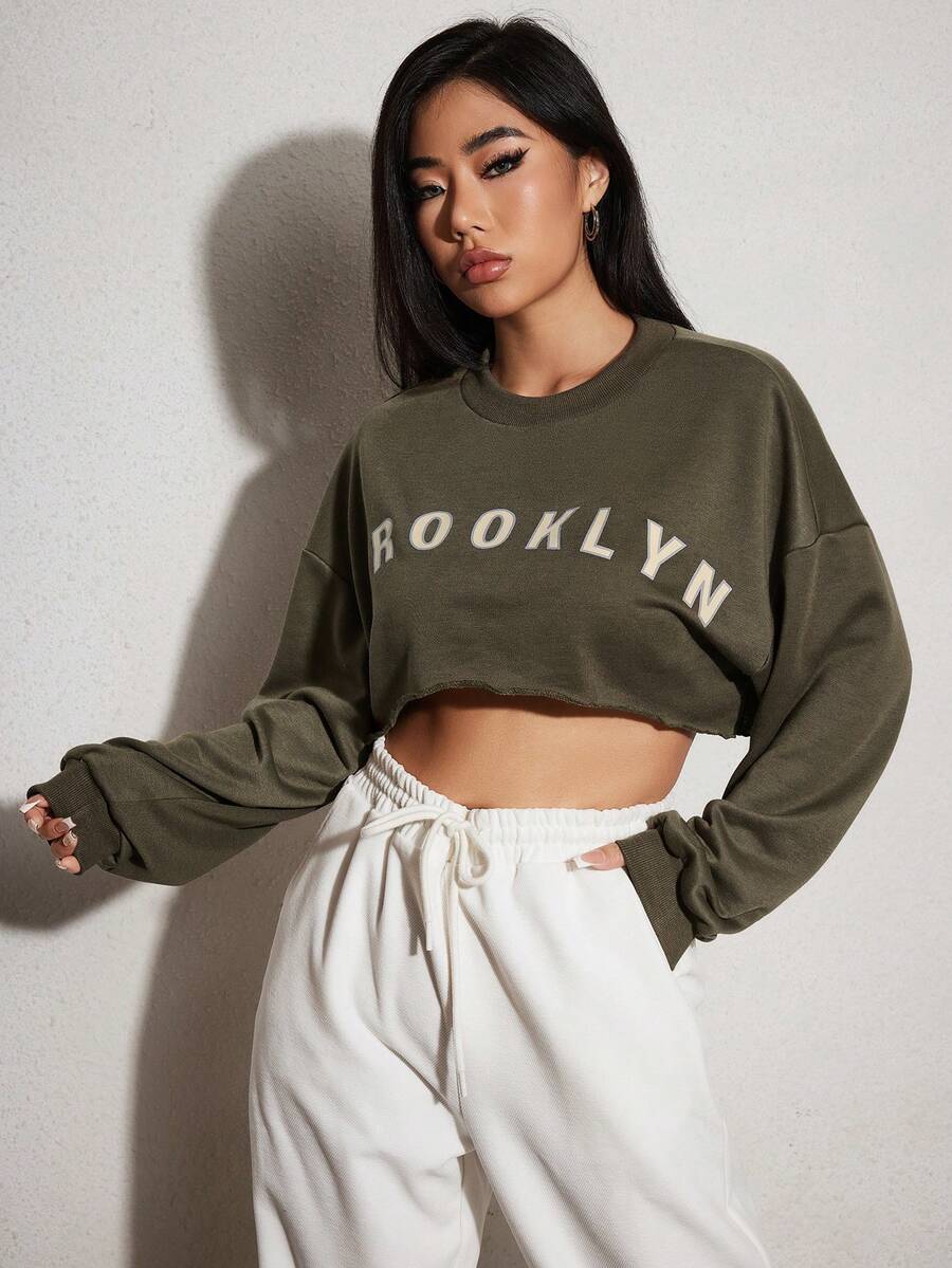 SHEIN Unity 字母圖案落肩袖短款運動衫 - 綠色 - 查看 1