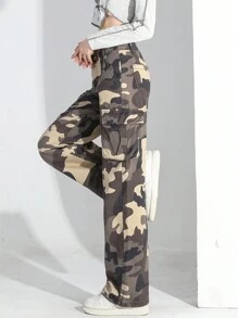 SHEIN 青少年女孩迷彩印花翻蓋口袋工裝牛仔褲 - 軍綠色 - 查看 7