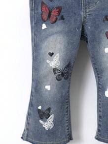 Baby Girl Butterfly Print Ripped Flare Leg Jeans - Medium Wash - View 6