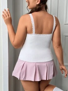 SHEIN MOD Plus Lace Trim Bow Front Cami Knit Top - White - View 2