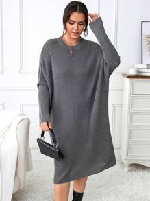 Calvaya Plus Batwing Sleeve Sweater Dress Without Belt - Grey - View 5