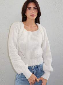 SHEIN Privé Tie Back Raglan Sleeve Sweater - Beige - View 2
