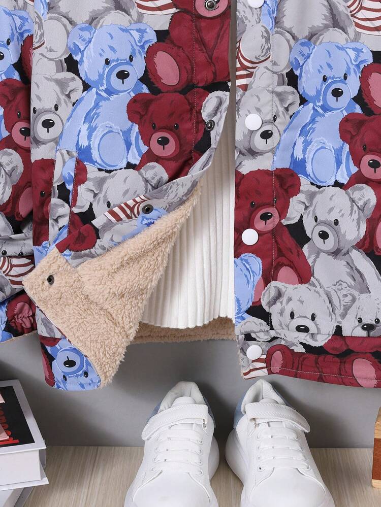 Tween Boys 1pc Bear Print Borg Collar Teddy Lined Jacket