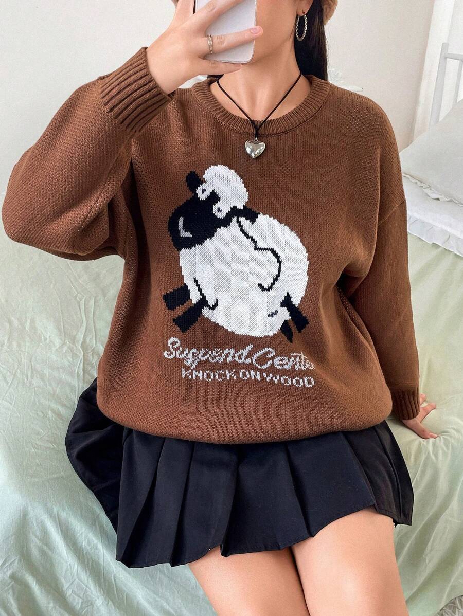 Flirla 大碼卡通和字母圖案落肩袖套頭毛衣 - 彩色 - 查看 1