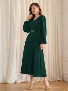 Modelyn Tay áo lồng đèn Viền rìa Váy có thắt lưng - Màu xanh lá cây đậm - Xem 5