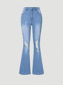 Teen Girl Ripped Flare Leg Jeans - Medium Wash - View 1