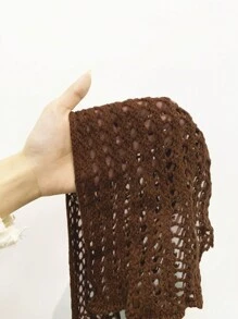 SHEIN Unity 素色鏤空針織落肩袖套頭毛衣 - 棕色 - 查看 7