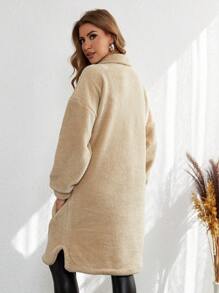 RueChic Drop Shoulder Flap Pocket Teddy Coat - Beige - View 2