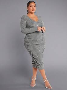 SHEIN SXY 大碼側收褶金屬亮絲緊身洋裝 - 香檳色 - 查看 3