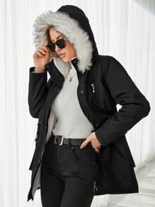 RueChic Drawstring Waist Fuzzy Trim Hooded Parka Coat - Black - View 5