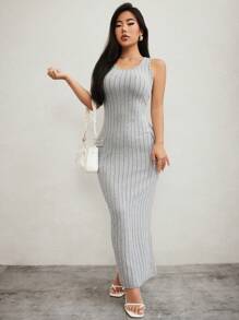 SHEIN SXY Vestido ajustado unicolor tejido de canalé - Gris - Ver 6