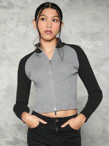 Teen Girl Two Tone Raglan Sleeve Zip Up Crop Cardigan