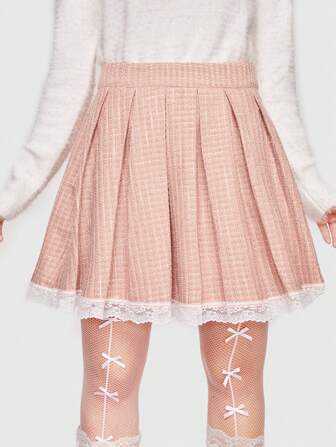 Kawaii Plaid Print Lace Trim Pleated Skirt
